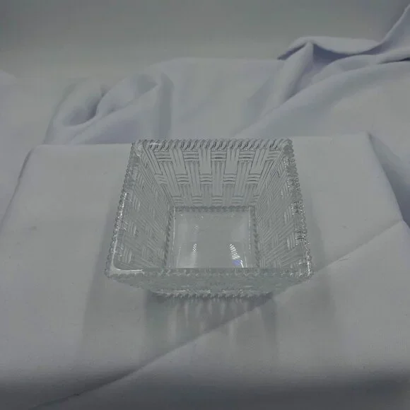 Tiffany & Co. Clear Crystal Basket Weave Design Square 4 inch bowl, pattern Wove